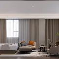 Modern Hotel Room Interior With Large Bed Sofa Armchair TV Window Curtains And Rug
