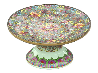 Ceramic Vessel With Ornate Pedestal Base And Colorful Lotus Floral Patterns 3d model