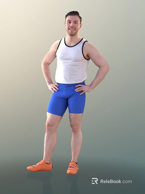 A Man Standing in White Tank Top and Blue Shorts with Hands on Hips 3d model 