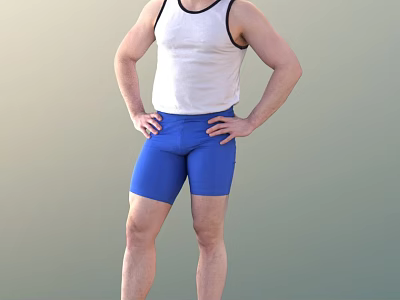 A Man Standing in White Tank Top and Blue Shorts with Hands on Hips 3d model