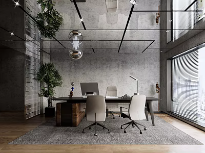 Modern Office Interior With Concrete Walls Wooden Floor Large Windows Office Desks And Ergonomic Chairs 3d model