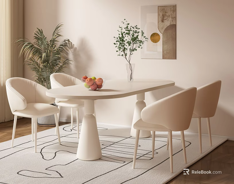 Modern White Dining Table Set With Beige Chairs Potted Plant And Wall Art 3d model 