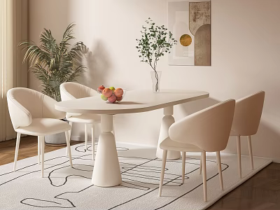 Modern White Dining Table Set With Beige Chairs Potted Plant And Wall Art 3d model