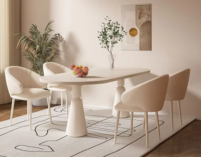 Modern White Dining Table Set With Beige Chairs Potted Plant And Wall Art 3d model