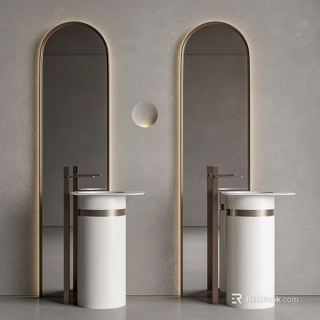 Elegant Modern Washbasin Design White Pedestal With Brass Frames Arch Mirrors And Gray Wall 3d model 