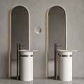 Elegant Modern Washbasin Design White Pedestal With Brass Frames Arch Mirrors And Gray Wall