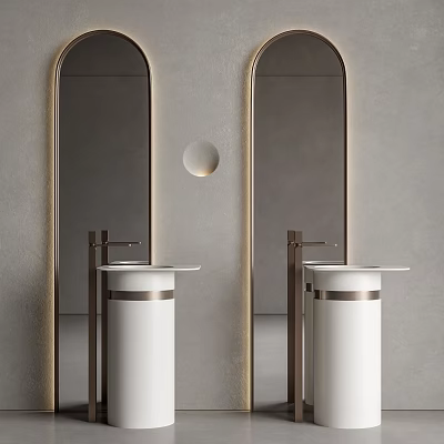 Elegant Modern Washbasin Design White Pedestal With Brass Frames Arch Mirrors And Gray Wall 3d model
