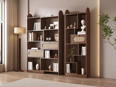 Modern Wooden Shelving Units With Books Decorative Items And Potted Plant In Living Room 3d model