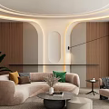 Cozy Living Room Interior With Beige Sofa Green Yellow Pillows Wooden Walls Circular Ceiling Light