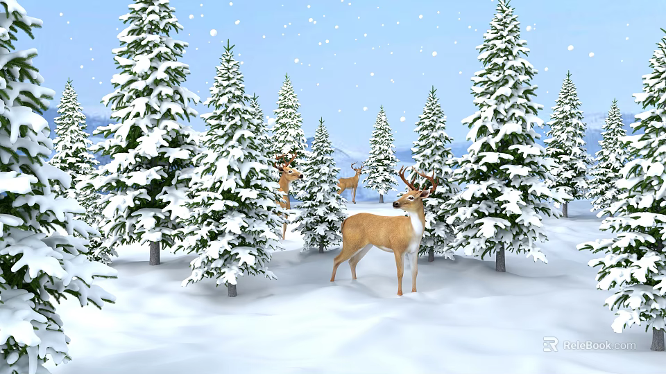Snow Covered Pine Trees In Winter Forest With Deer And Mountain Background 3d model 