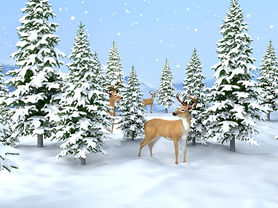 Snow Covered Pine Trees In Winter Forest With Deer And Mountain Background 3d model