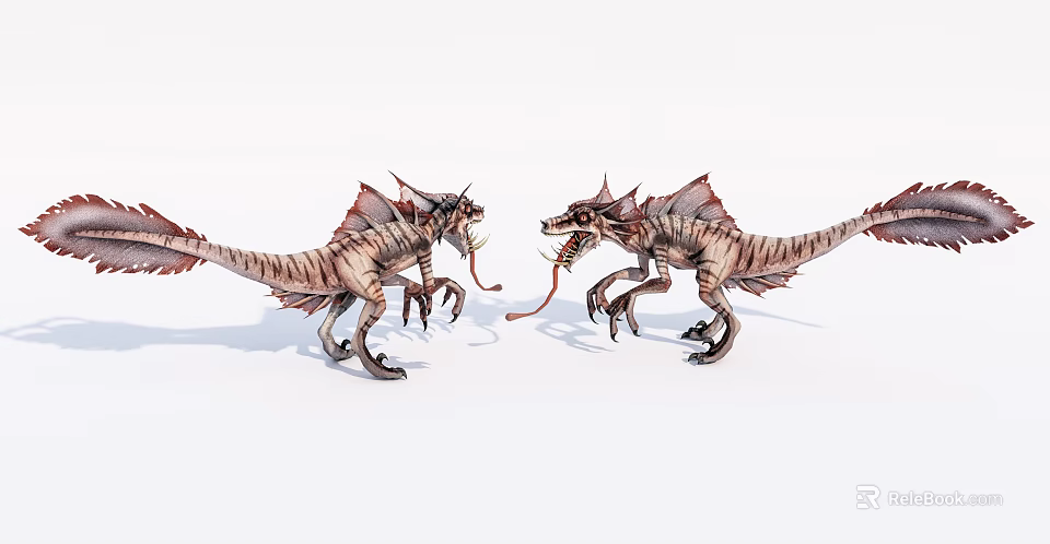 Game Movie Character Two Fierce Dragon Like Creatures Confronting With Spiked Backs And Long Tongues 3d model 