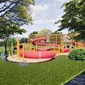 Park Landscape With Curved Water Features Play Areas And Lush Greenery
