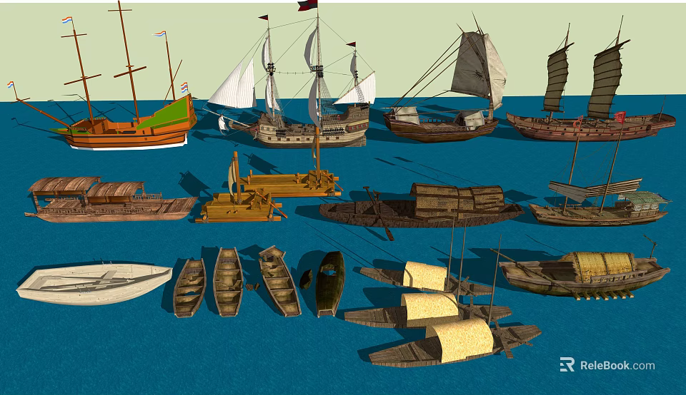 Various Traditional Wooden Boats Displaying Different Sails And Hull Structures 3d model 
