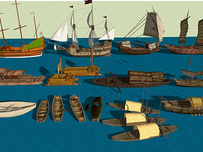 Various Traditional Wooden Boats Displaying Different Sails And Hull Structures 3d model
