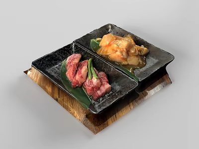 Raw Beef and Yellow Chicken on Black Square Plates with Wooden Tray and Green Leaves 3d model