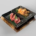 Raw Beef and Yellow Chicken on Black Square Plates with Wooden Tray and Green Leaves