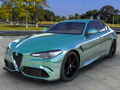 Green Sports Sedan With Sleek Body Design On Slate Paved Ground And Park Trees Grass 3d model