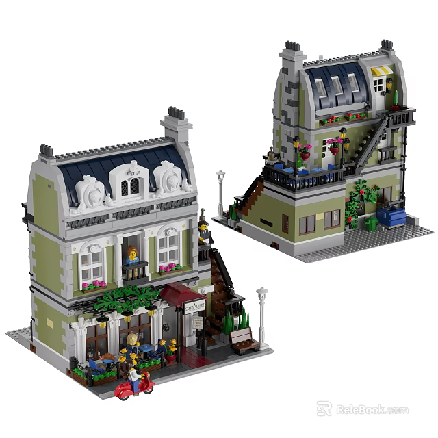 Building Blocks Two Story Building Model With Detailed Windows Balconies Staircases Plants And Mini Figures 3d model 