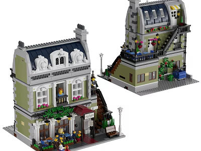 Building Blocks Two Story Building Model With Detailed Windows Balconies Staircases Plants And Mini Figures 3d model