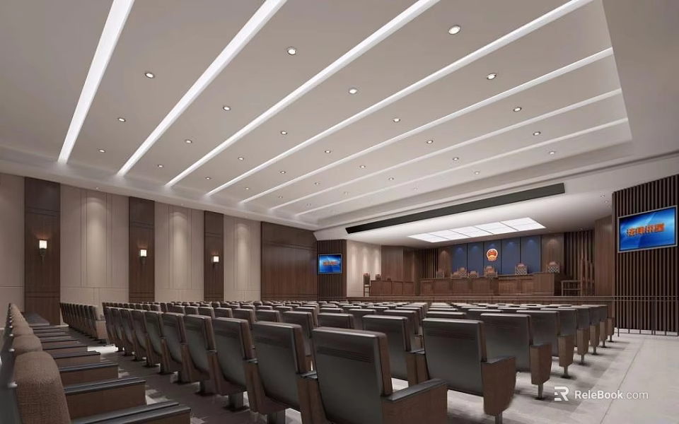 Courtroom Interior Design With Spacious Seats Judge Bench And Wooden Decor 3d model 