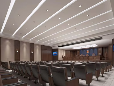 Courtroom Interior Design With Spacious Seats Judge Bench And Wooden Decor 3d model