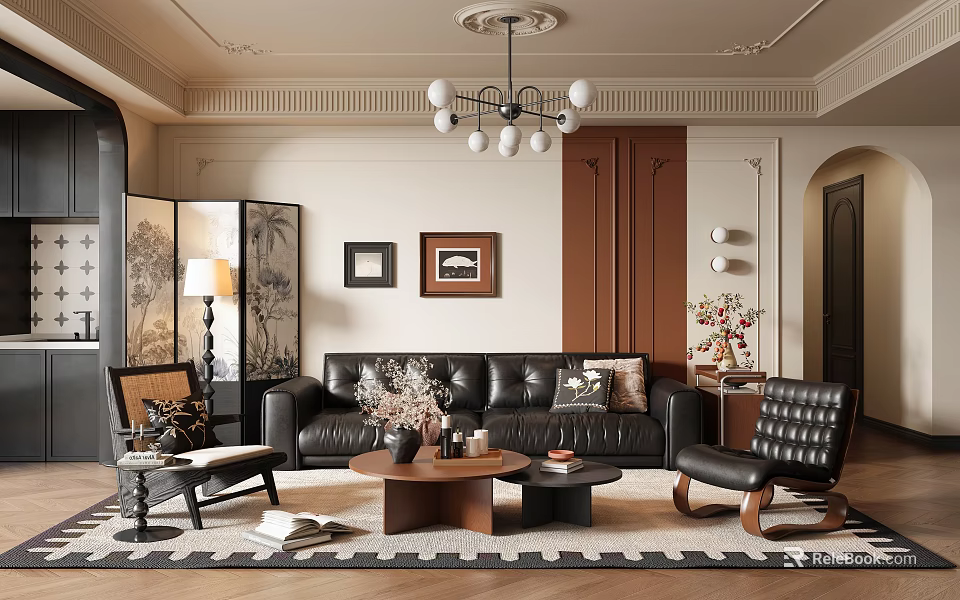 Elegant Warm Mid Century Living Room With Black Leather Sofa And Comfortable Exquisite Home Furnishings 3d model 