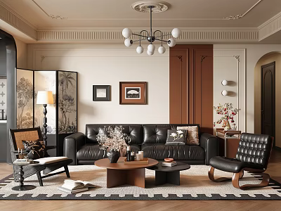 Elegant Warm Mid Century Living Room With Black Leather Sofa And Comfortable Exquisite Home Furnishings 3d model