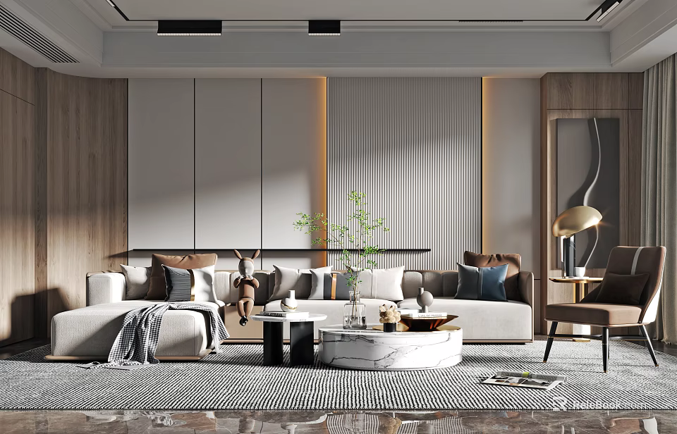 Modern Living Room Interior With Gray Sofa Coffee Table Green Plant And Wooden Wall 3d model 