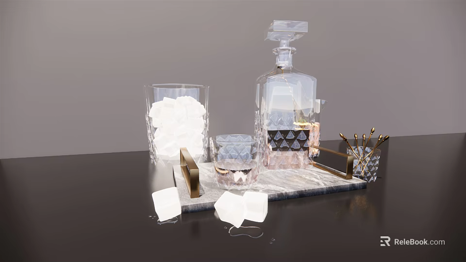 Modern Ceramic Vessels Tabletop Display With Marble Tray Glass Cups And Ice Cubes 3d model 