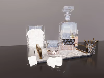 Modern Ceramic Vessels Tabletop Display With Marble Tray Glass Cups And Ice Cubes 3d model