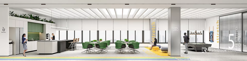 Modern Office Lounge Area With Green Chairs Tables Large Windows And Yellow Flooring 3d model 