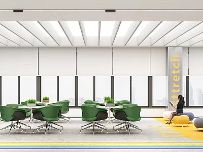 Modern Office Lounge Area With Green Chairs Tables Large Windows And Yellow Flooring 3d model