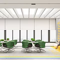 Modern Office Lounge Area With Green Chairs Tables Large Windows And Yellow Flooring