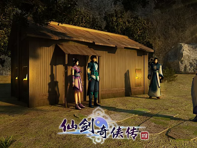 Cartoon Scene of Chinese Paladin 4 with Characters Standing by Wooden Hut 3d model
