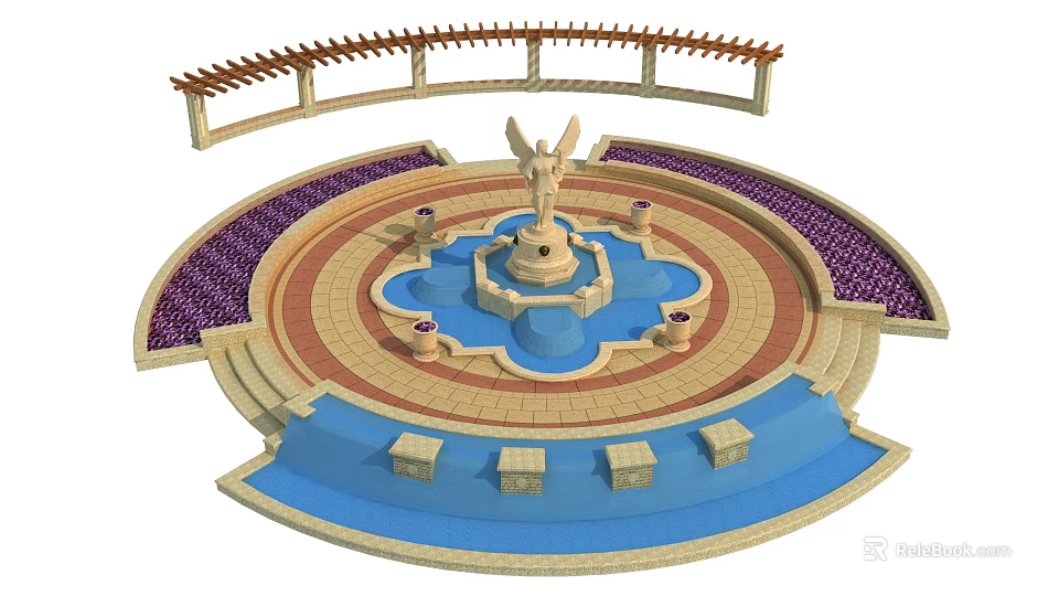 Garden Feature With Central Fountain Arched Pergola Purple Flowers And Stone Steps 3d model 
