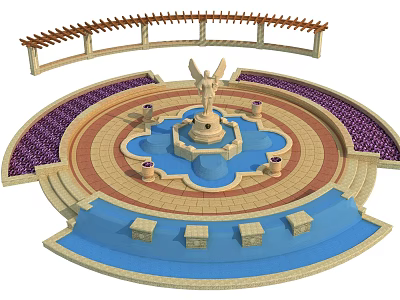 Garden Feature With Central Fountain Arched Pergola Purple Flowers And Stone Steps 3d model