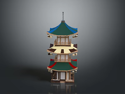 Traditional Pagoda Architecture With Green Roof Layered Eaves And Decorative Lanterns 3d model
