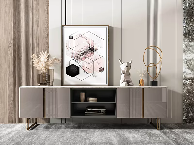 Modern TV Stand With Metal Legs Storage And Decorative Wall Art Sculpture Vase 3d model