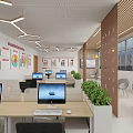 Modern Office Interior With Large Windows Geometric Pendant Lights Workstations And Green Plants