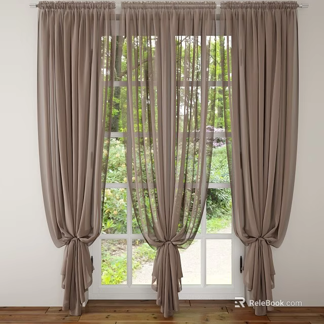 Elegant Brown Curtains With Sheer Panels Draped Over Window And Garden Greenery View 3d model 