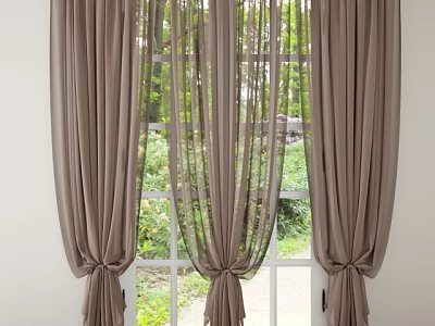 Elegant Brown Curtains With Sheer Panels Draped Over Window And Garden Greenery View 3d model