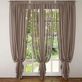 Elegant Brown Curtains With Sheer Panels Draped Over Window And Garden Greenery View
