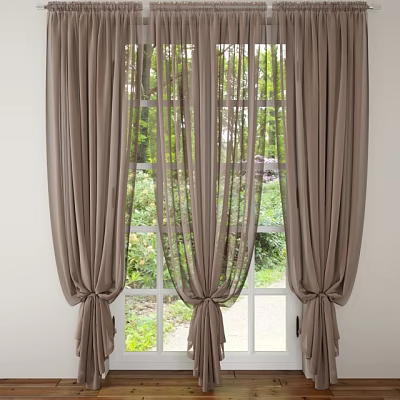 Elegant Brown Curtains With Sheer Panels Draped Over Window And Garden Greenery View 3d model