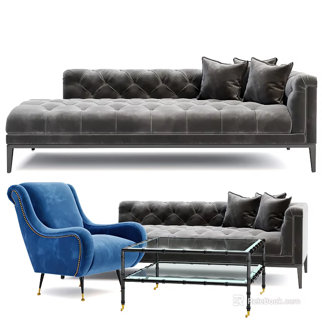 Modern Tufted Velvet Sofa With Blue Armchair And Glass Coffee Table Set 3d model 