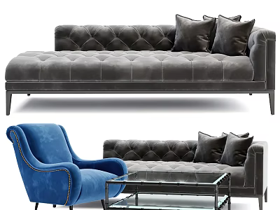 Modern Tufted Velvet Sofa With Blue Armchair And Glass Coffee Table Set 3d model