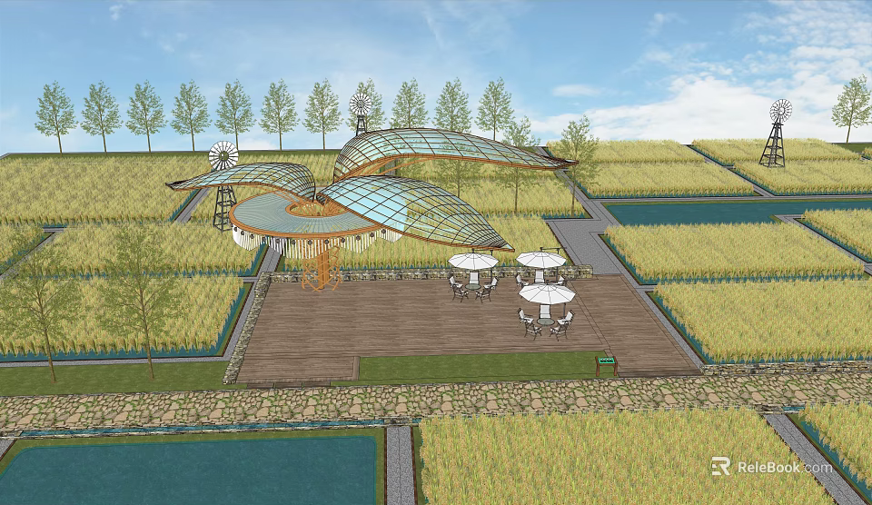 Scenic Rice Fields Landscape With Modern Building Trees Water Wooden Platform And White Tables Chairs 3d model 