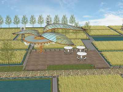 Scenic Rice Fields Landscape With Modern Building Trees Water Wooden Platform And White Tables Chairs 3d model