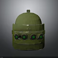 Green Domed Weapon Device Featuring Four Circular Green Components And Rustic Surface