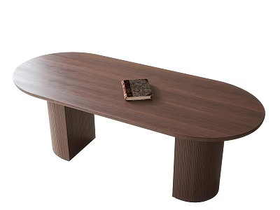 Oval Brown Wooden Dining Table With Books On Top And Cylindrical Legs 3d model